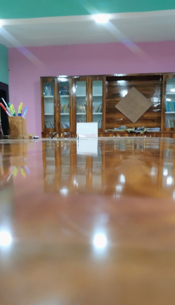 School library bookshelves with reference and lending collections